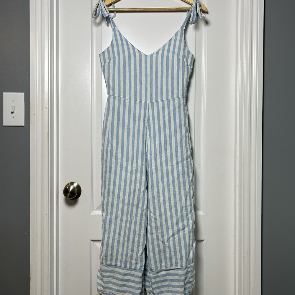 Everly Blue White Stripe Tie Shoulder Culotte Jumpsuit Breezy Coconut Girl Style
